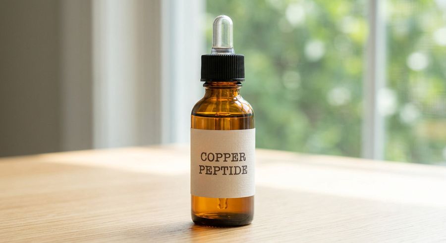 An amber dropper bottle of copper peptide serum