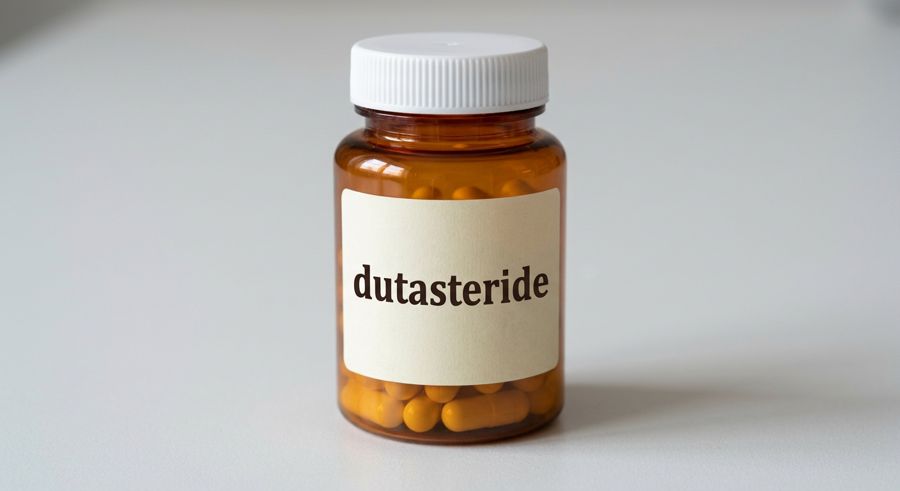 An amber pill bottle of dutasteride capsules