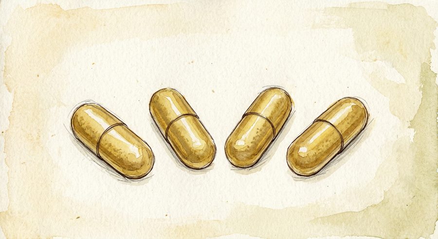 Botanical hair-growth supplement capsules on a nightstand with water