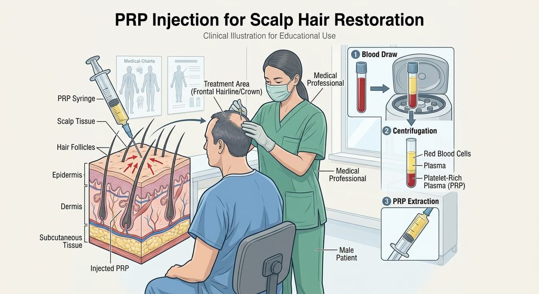 Illustration of a PRP injection for scalp hair restoration — blood draw, centrifugation, and injection into follicles
