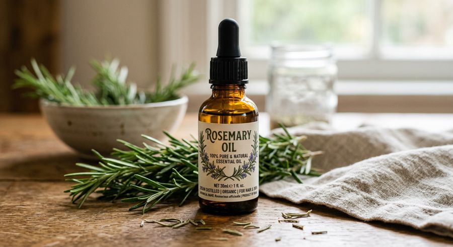 A dropper bottle of rosemary oil beside fresh rosemary sprigs